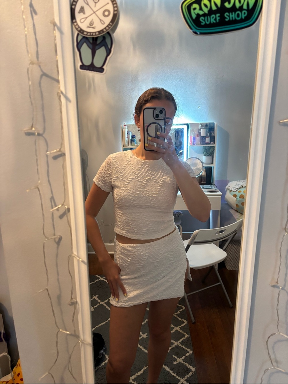 White Textured Two-Piece Set - mini skirt and top
